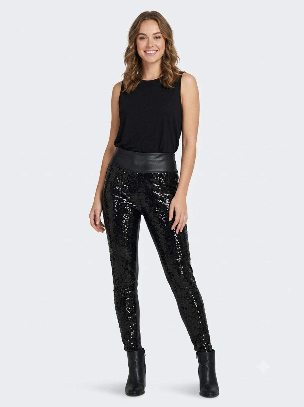 Spanx Sparkling Sequin Panels Leggings Women's L Black Faux Leather High Waisted